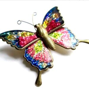 Vintage Enamel Butterfly Brooch-pin Gold Tone 1.5 in Multicolored Pin w C- Clasp
